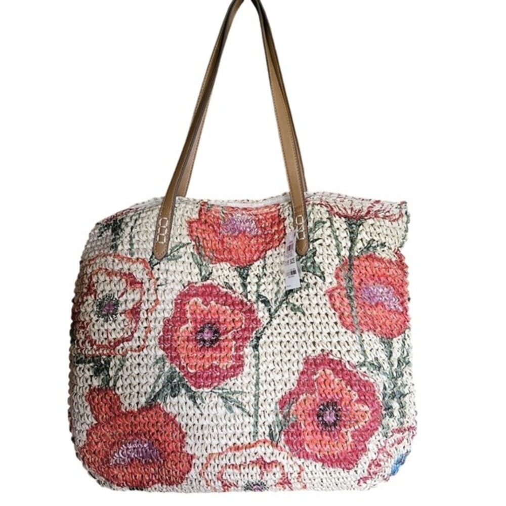 Style & Co Cornflower Straw Tote Bag Woven Floral‎ Purse New Beach Resort Boho